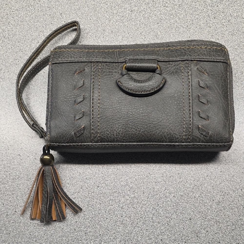 boc Black Leather Wristlet Clutch with Tassel Accent